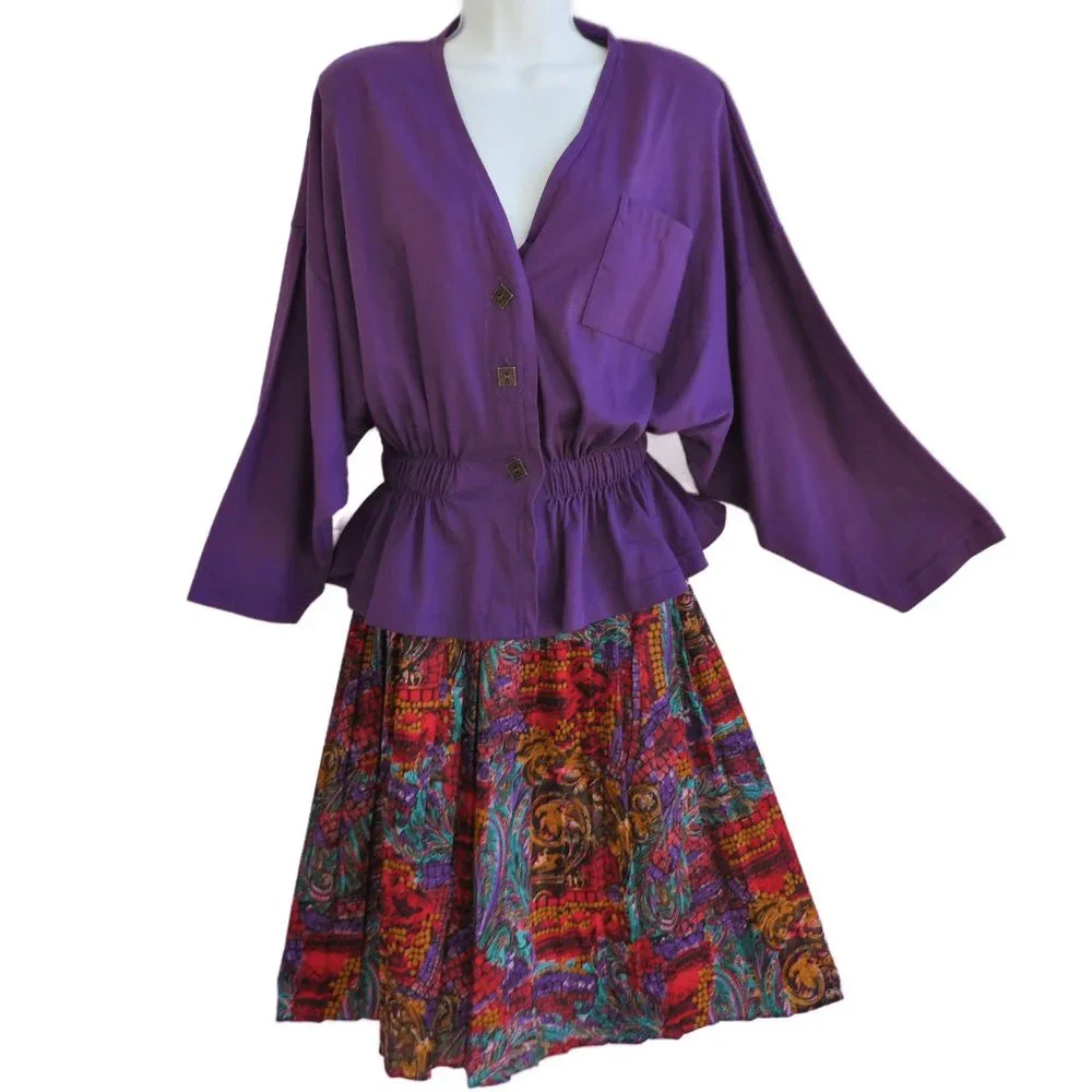 70s Vintage Pleated Midi Skirt Psychedelic Drop Waist Nylon Knit Mesh Elastic L